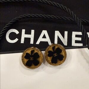 Vintage Chanel 1997 CC Resin Button Clip Earrings Black & Gold Clover France